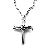 Cross 3 Nails Wire Wrapped Antique Silver Metal Finish Pendant Silver Finish 24 Inch Stainless Steel Chain Necklace