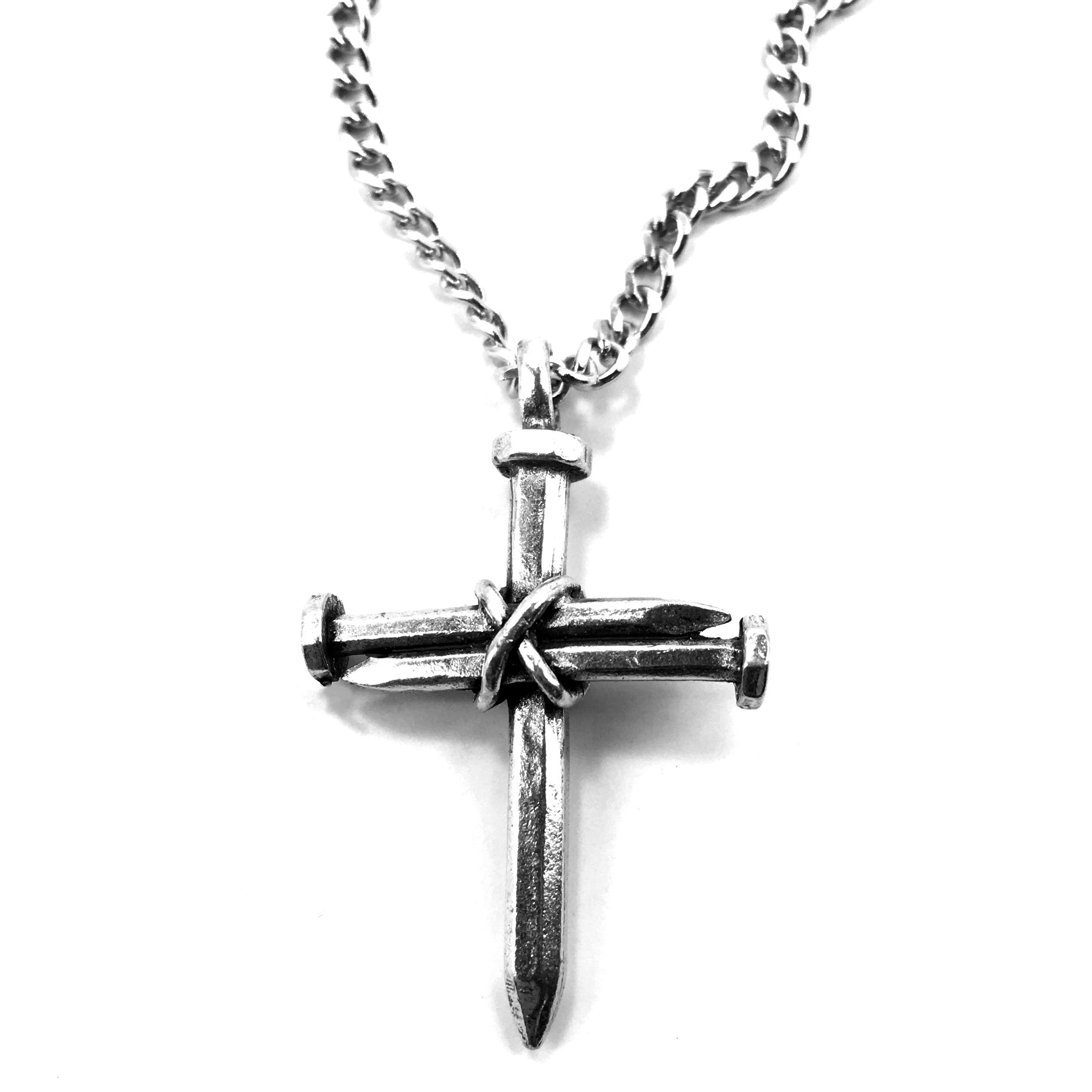 Cross 3 Nails Wire Wrapped Antique Silver Metal Finish Pendant Silver Finish 24 Inch Stainless Steel Chain Necklace