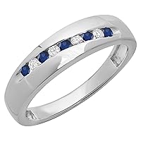 Dazzlingrock Collection Round Blue Sapphire & White Diamond Mens Classic Nine Stone Traditional Anniversary Wedding Band | 925 Sterling Silver