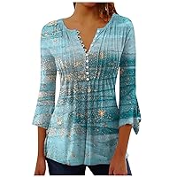 Womens 2024 Fall Tops Trendy 3/4 Sleeve Graphic Tees Casual Loose Basic T-Shirt Marble Print Henley Shirt Blouse