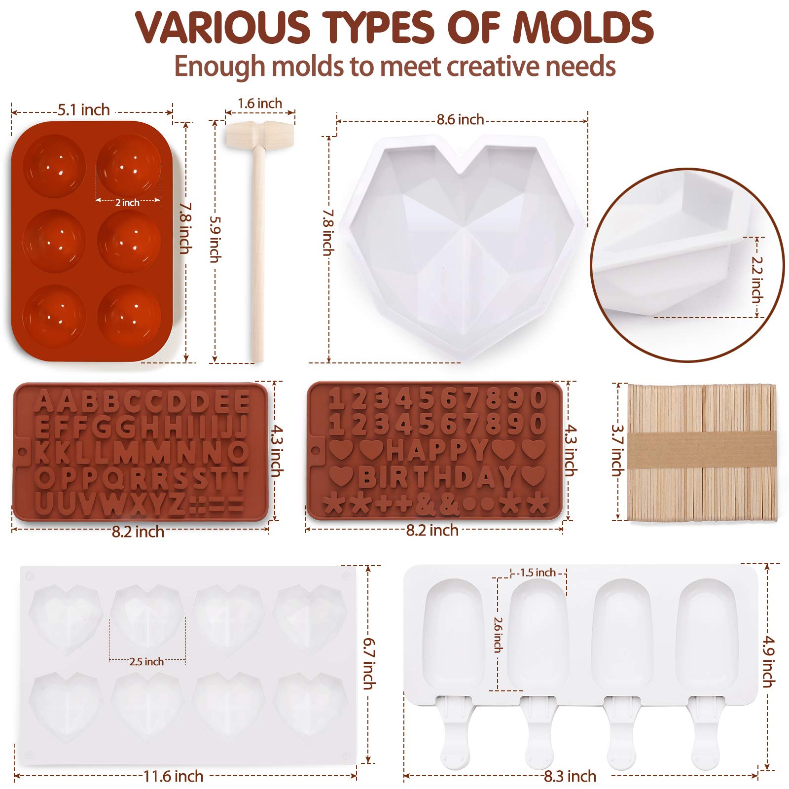 123 Pcs Heart Silicone Molds Set for Chocolate Includes 1x Breakable Heart Mold,2x Cocoa Bomb Molds,1x 8 Cavities Heart Mold,15x Wood Hammers,2x Number and Letter Molds,2x Popsicle Molds,100x Sticks