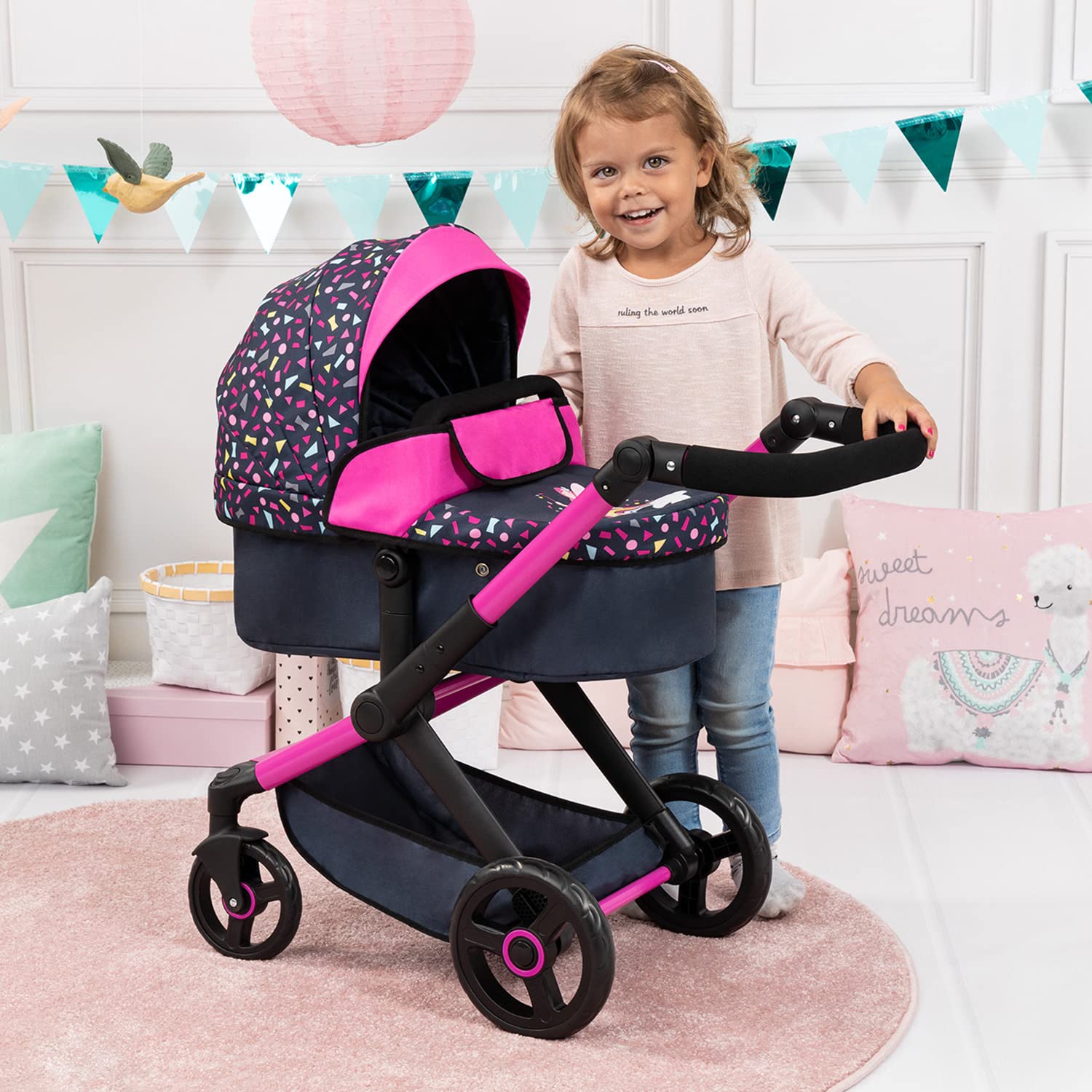 Bayer Design Dolls: Pram Xeo: Shapes Navy & Pink - Matching Handbag, Adjustable Handle, for Dolls Up to 20