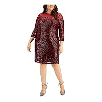 R&M Richards Womens Red Stretch Sequined Keyhole Back Lined 3/4 Sleeve Illusion Neckline Knee Length Party Sheath Dress Plus 14W