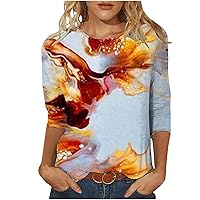 Summer Tops for Women 2023 Plus Size Retro Shirts Trendy Printed 3/4 Length Sleeve Blouse Comfy T-Shirt Tops