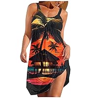 Hawaiian Dresses for Women Ocean Coconut Palm Trees Sunset 3D Graphic Print Beach Sundress Summer Sleeveless Tank Mini Dress
