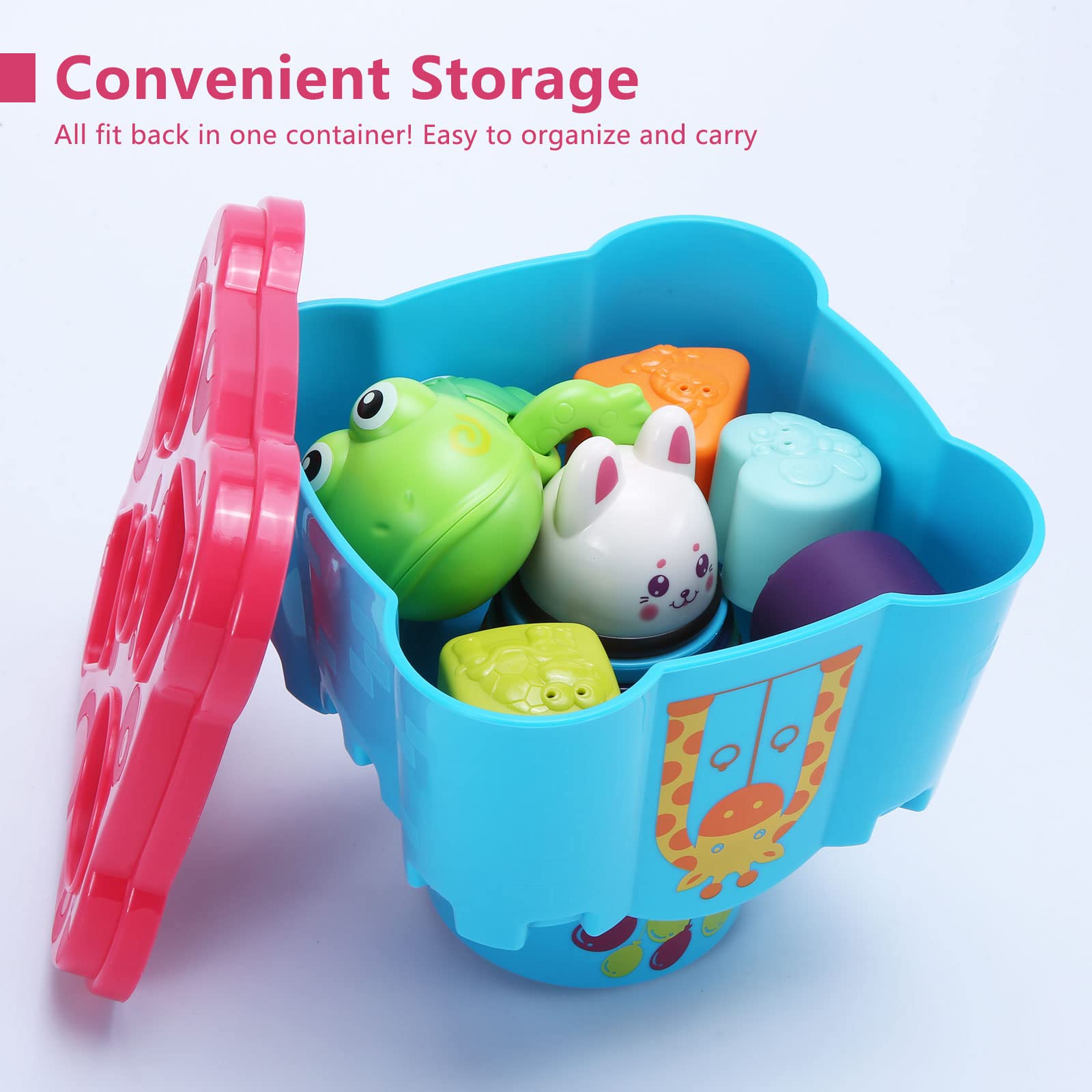 Baby Stacking Toys for Toddlers 1-3, Nesting Cups Shape Sorter for Infant 6 to 12-18 Months, Stackable Blocks Learning Toy with Rattle & Free Frog Bath Toy, Birthday Gifts for Kids 9-12 Month Girl Boy