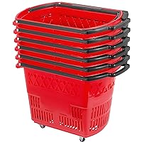 Mophorn 6PCS Shopping Carts, Plastic Rolling Shopping Basket with Wheels, Red Shopping Baskets with Handles, Portable Shopping Basket Set for Retail Store