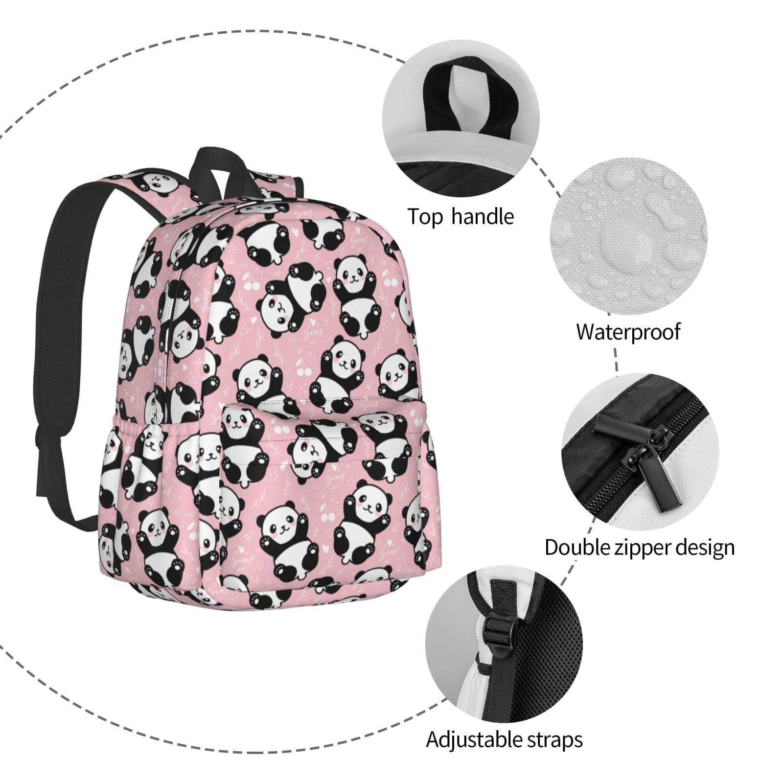 YISHOW 17 Inch Backpack With Adjustable Shoulder Straps Cute Pandas Lightweight Bookbag Casual Daypack For Travel Work
