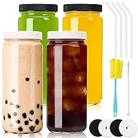4pcs 16oz Glass Juice Bottles with Lids, Reusable Juice Containers Drinking Jars Water Cups with Brush, Glass Straws, Lids with Hole