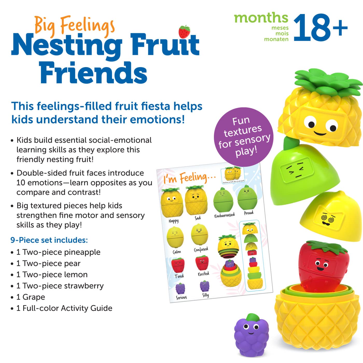 Learning Resources Big Feelings Nesting Fruit Friends, 9 Pieces, Ages 18+ Months, Social Emotional Learning Toys, Sensory Toys, Speech Therapy Materials, Back to School