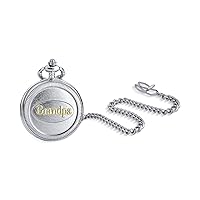 Bling Jewelry Custom Engrave Retro Vintage Style Mens Skeleton Word Grandpa Pocket Watch for Grandfather Dad Retirement White Dial Shinny Two Tone Silver Gold Plated with Long Pocket Chain