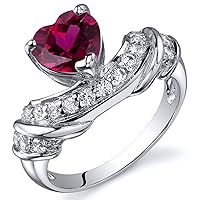 PEORA Created Ruby Heart Ring for Women in Sterling Silver, Statement Solitaire Design, 1.75 Carats total, Comfort Fit, Sizes 5 to 9