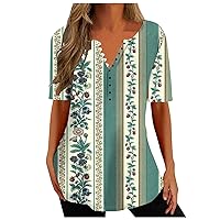 Women's Plus Size Tunic Tops Summer Short Sleeve V Neck Blouses Floral Printed Flowy Button Up Workout T Shirts