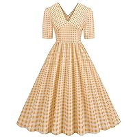 Women 1950s Retro Short Sleeve V Neck Plaid Cocktail Dress Summer Empire Waist Fashion Rockabilly Audrey Dresses