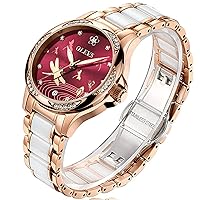 OLEVS Rose Gold Women's Watches, Ceramic Stainless Steel Band, Automatic Mechanical Watch, Waterproof Luminous Pointer Calendar, Diamonds Elegant Watches for Women, Red/Blue/White Dial [No Battery]