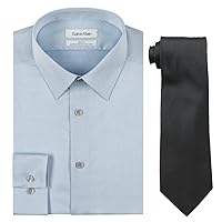 Calvin Klein Men's Slim Fit Herringbone Dress Shirt and Silver Spun Tie Combo