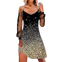 Sexy Cocktail Dresses for Women Evening Party Lace Sheer Mesh Long Sleeve V Neck Glitter Wedding Guest Short Dress
