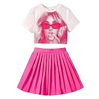 Girl's 2 Piece Outfits Graphic Short Sleeve Crewneck Tees Shirts and Pleated Skirts Set