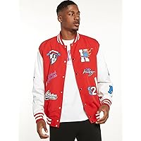 Jackets for Men - Men 1pc Basketball & Letter Graphic Two Tone Varsity Jacket (Color : Red and White, Size : Medium)