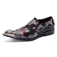 Mens Dress Loafers Floral Embroidered Leather Slip On Sequin Pointed Dragon Metal Tip Smoking Style Wedding Party Shoes
