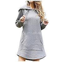 FQZWONG Cute Hooded Dress for Teen Girls Solid Color Drawstring Pocket Long Sleeve Fall Plus Size Sweatshirt Dress