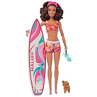 Barbie HPL69 Surf Doll Articulated Mannequin Brown Surfboard Puppy Themed Accessories Children's Toy from 3 Years