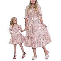 Mommy and Me Dresses Matching Set Summer Boho Dress Square Neck Ruffle Sleeves Floral Tiered Dress for Women and Girls