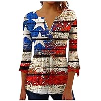 Independence Day 3/4 Sleeve Shirts for Women 4th of July Plus Size Summer Tops Flag Graphic Tees Button Down Blouses