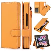 ONNAT-Leather Wallet Case for Samsung Galaxy Z Fold 3 with S Pen Holder, Magnetic Closure TPU Phone Case (Yellow)