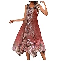 Dresses for Women 2024 Summer Vacation Vintage Floral Print Sleeveless Tank Dress Hankerchief Hem Beach Midi Sundresses