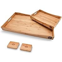 SJ Kitchen & Dining Wooden Serving Tray Set of 2 - Extra Large Tray with Handles 26