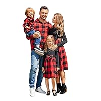 PATPAT Family Matching Outfits Mommy and Me Dresses Matching Set Long Sleeve Plaid Midi Dress and Casual Button Down Shirts