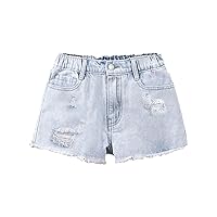 OYOANGLE Girl's Jean Shorts Denim Shorts Print Paperbag Waisted Shorts with Pocket