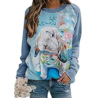 YMING Women's Easter Day Bunny Printed Sweatshirt Funny Rabbit Crew Neck Pullover Casual Long Sleeve Shirt Tops