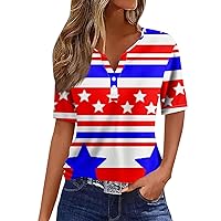 Womens Tops 4Th of July 2024 Patriotic Star Stripes Button Down American Flag Printed Vneck Short Sleeve Tee Clothes
