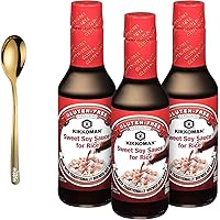 Kikkoman Sweet Soy Sauce for Rice 10 Fl Oz (Pack of 3) with Moofin Golden SS Spoon - Gluten Free Seasoning - Made with Traditionally brewed Kikkoman Soy Sauce - Great for Yakitori, Glaze Grilled Meat, Fish or Vegetables