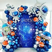 Outer Space Balloon Arch Garland Kit,119 PCS Navy Blue Metallic Silver Blue Balloon UFO Rocket Astronaut Balloons for Boys Kids Space Birthday Party Decorations