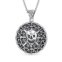 Bling Jewelry Round Coin Heavy Large Medallion Caribbean Aztec Pirates Skull Pendant Necklace For Men Oxidized .925 Sterling Silver