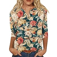 Women Tops V Neck Ethnic Button Down Shirts 2023 Summer Tees 3/4 Sleeve Slim Fit Blouse Slim Cute Floral Tshirts