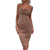 Summer Dresses for Women 2022 Cowl Neck Ruched Ribbed Bodycon Dress (Color : Brown, Size : X-Small)