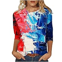 Funny 4th of July Shirts Womens Summer 3/4 Sleeve Casual Tops Crewneck Cute Print Loose Tee Blouse for Going Out