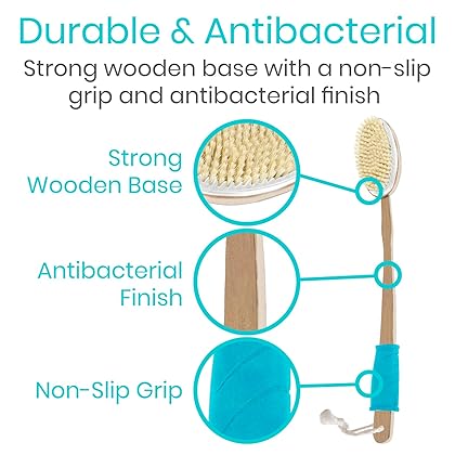 Vive Back Scrubber Brush for Shower - for Dry or Wet Body Brushing - Long Handle - Cleaning Lymphatic Drainage Handled Washer for Men, Women - Showering Bathing Exfoliator with Soft & Stiff Bristles