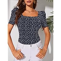Women's T-Shirt Heart Print Puff Sleeve Tee (Color : Navy Blue, Size : Tall M)