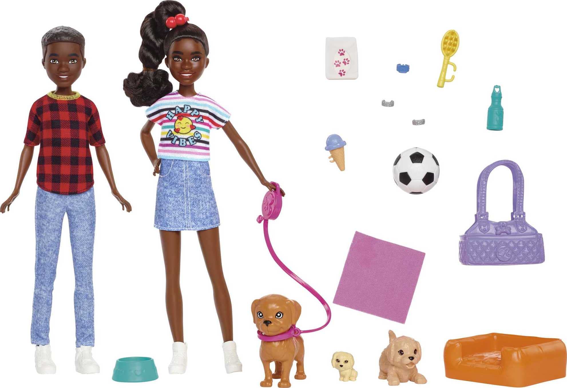 Barbie It Takes Two Doll & Accessories, Twins Playset with Brother & Sister Dolls, 3 Pet Puppies & 10+ Accessories