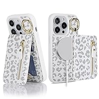 Ｈａｖａｙａ for iPhone 15 pro max Case magsafe Compatible iPhone 15 pro max case with Card Holder for Women Detachable Magnetic Leather Zipper Phone case Wallet-White Leopard Print
