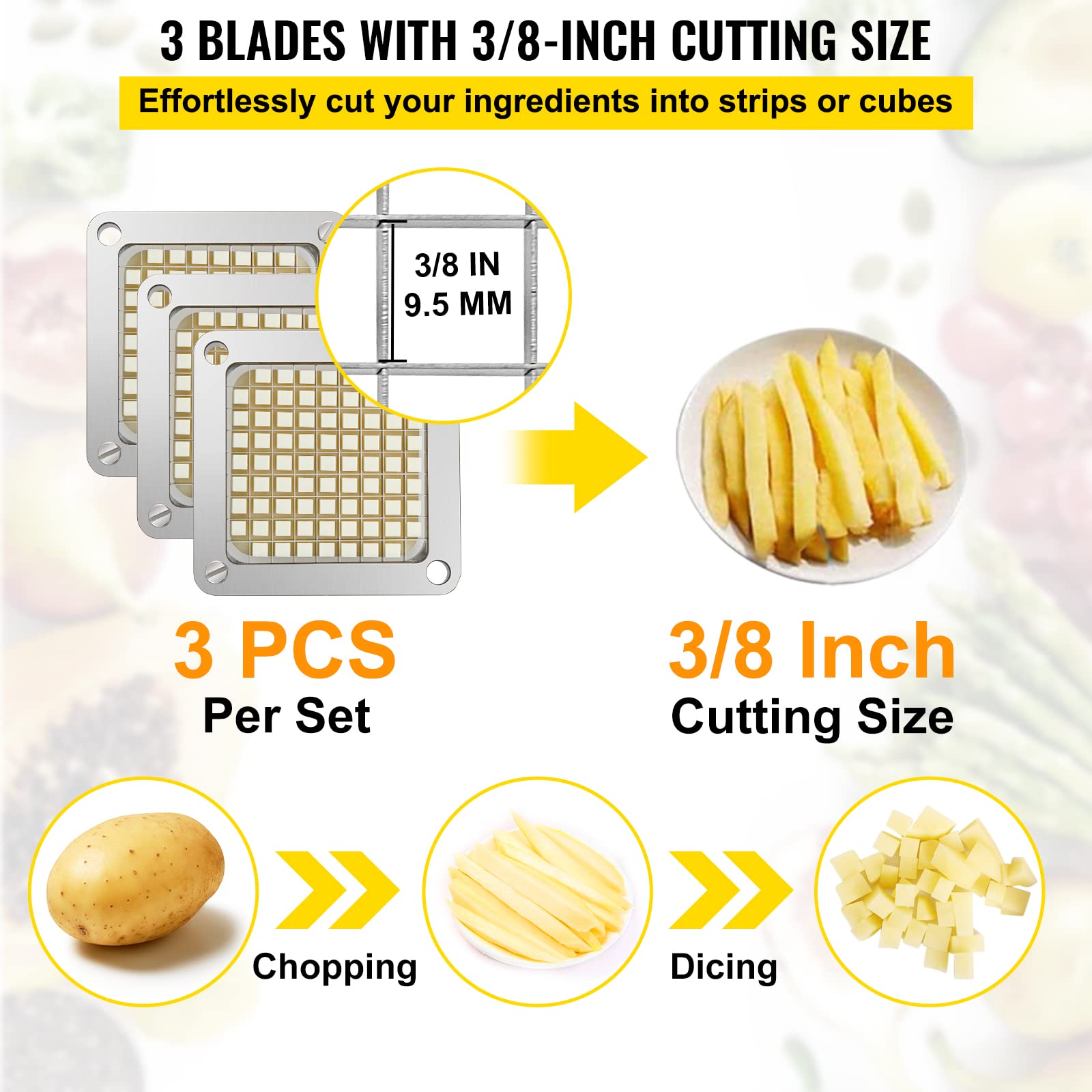 VEVOR Replacement Chopper Blade, 3/8 inch, 3 PCS French Fry Blade Assembly with 6 Extra Knives, Stainless Steel Dicer Parts and Push Block for Cutting Potatoes Carrots Onions Cucumbers Mushrooms