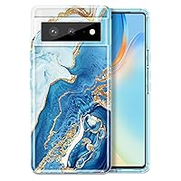 Btscase for Google Pixel 6 Case, Gold Glitter Bling Marble Pattern Hard PC Slim Fit Shockproof Full Body Rugged Drop Protective Women Girls Cover Cute Case for Google Pixel 6 (2021), Blue White