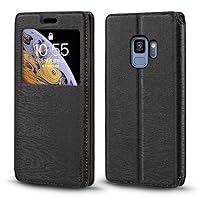 Samsung Galaxy S9 Case, Luxury Wood Grain Leather Case with Card Slot Notification Window Protective Magnetic Flip Cover for Samsung Galaxy S9 (Black)