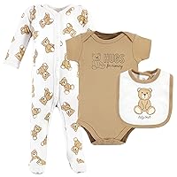 Hudson Baby Unisex Baby Cotton Sleep and Play, Bodysuit and Bandana Bib Set, Teddy Bears, 6-9 Months