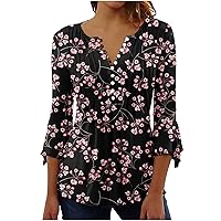 SMIDOW Spring Tops For Women 2023 Trendy 3/4 Bell Sleeve Henley Shirts Boho Floral Print Tunics Casual Loose Blouse